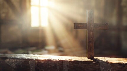 A close-up of a simple wooden cross bathed in soft light, symbolizing sacrifice and redemption 