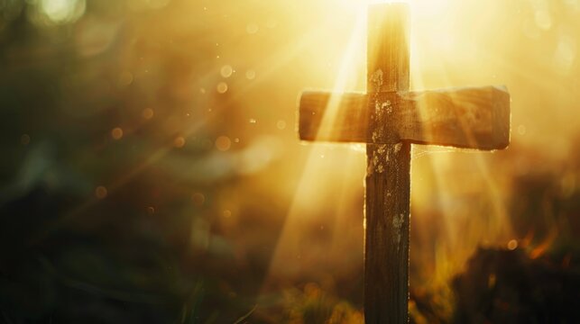 A close-up of a simple wooden cross bathed in soft light, symbolizing sacrifice and redemption 