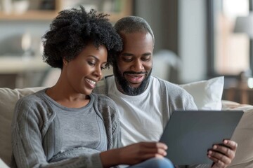 Cozy couple enjoying digital content on a tablet at home