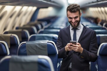 smiling entrepreneur looking at phone, airplane aisle in focus