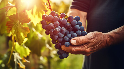 Hand Harvesting Lush Bunches of Grapes in Vineyard at Sunset, Winemaking Tradition, Sunlit Agricultural Harvest, Viticulture and Enology Concept - obrazy, fototapety, plakaty