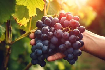 Hand Harvesting Lush Bunches of Grapes in Vineyard at Sunset, Winemaking Tradition, Sunlit...