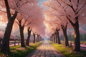 Cherry Blossom Tree Road Under Warm Light, generative ai