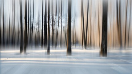 Artistic depiction of a snowy winter forest with a dreamlike blur of trees and warm sunlight.