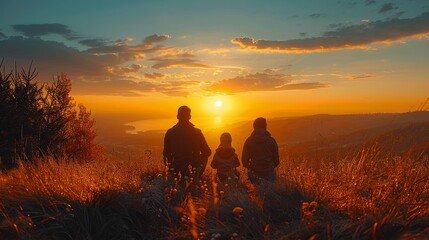 Family's shadow, seated and gazing at a beautiful sunset, creating a serene and bonding moment.