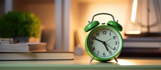 A modern green alarm clock is placed on top of a wooden table, surrounded by books. The clocks...