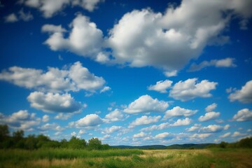 Beautiful summer landscape with green field and blue sky with white clouds