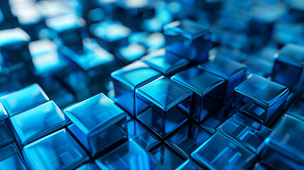 Blue, Glossy Cubes Precisely Constructed to create a Innovative Tech Background. 3D Render., Generative Ai