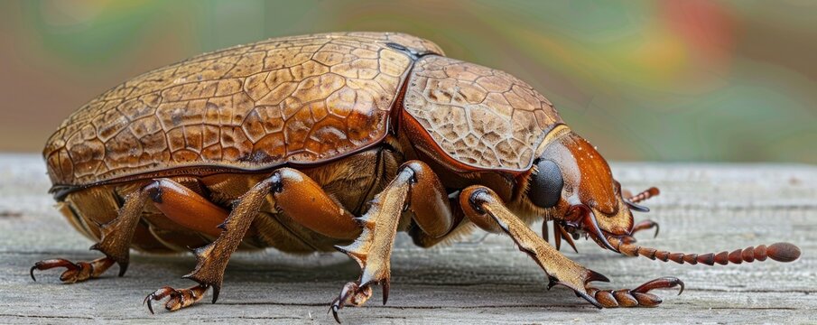 A detailed macro photography image of a brown beetle on a wooden surface with a blurred background