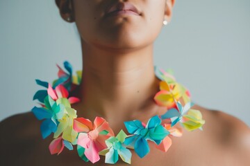 portrait of a person wearing a paper garland as a necklace