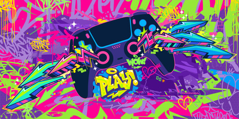 Abstract Joystick Or Gamepad Hip Hop Graffiti Street Art Urban Gaming Style Vector Banner