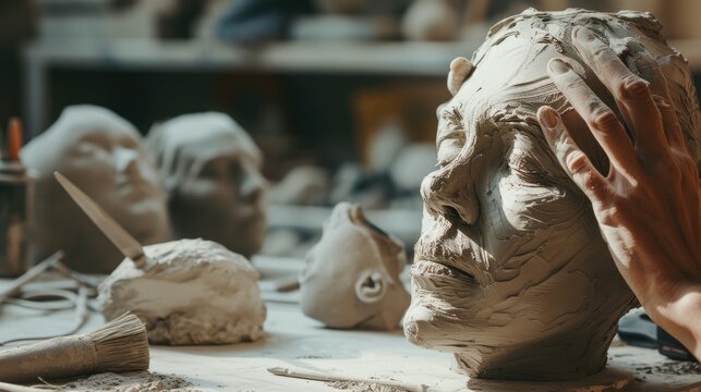 Using water and clay, the artist crafts a sculpture of a man's head, focusing on the jaw for an intricate carving. This art form dates back to ancient history. AIG41