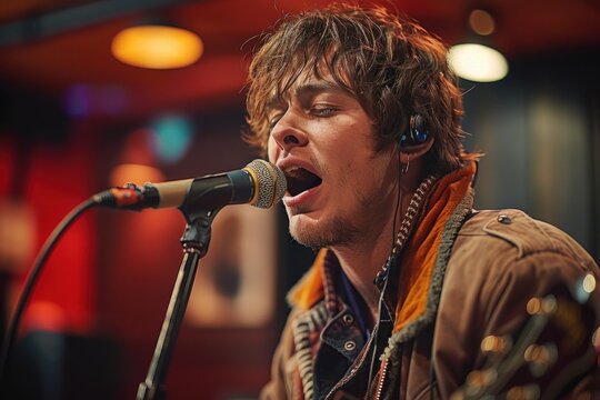 Young male singer-songwriter performs live with his guitar isolated on a red background