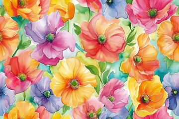 Seamless pattern with watercolor poppies,  Hand-drawn illustration