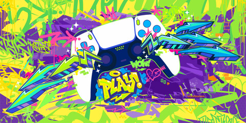 Joystick Or Gamepad Hip Hop Graffiti Street Art Urban Gaming Style Vector Banner © Anton Kustsinski