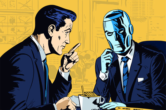 Businessman in suit discussing the task with robot or ai worker. Discussion with mechanical employee in retro comic book style