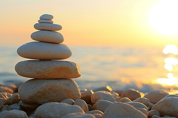 Pile of zen stones on the beach at sunset,  Zen concept - obrazy, fototapety, plakaty