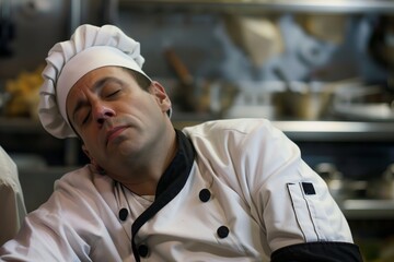 man in a chefs uniform dozing off after a long day