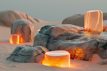 A desert scene with stones and a candlelight