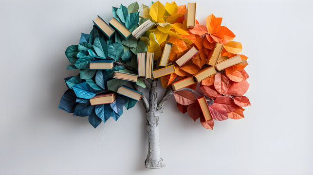 Tree with books like leaves, representing literacy and education, with a colorful background. Ideal for International Literacy Day concept.