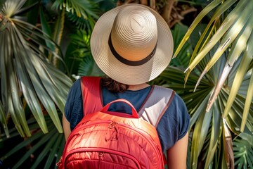 solo traveler with a backpack and sun hat