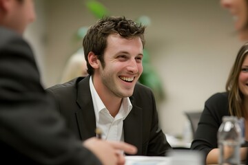 Man Smiling and Engaged in a Business Meeting with Colleagues Discussing Strategy in an Office Setting. Concept Business, Meeting, Strategy, Office, Colleagues