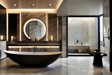 a spa-inspired bathroom with a freestanding soaking tub, a steam shower, and a wall-mounted fireplace, surrounded by marble and adorned with luxurious bath amenities.

