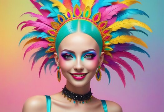 Beautiful young woman with bright make-up and colorful feathers on her head