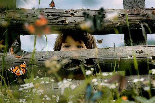child peeking through a wooden fence at butterflies in a meadow