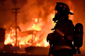 firefighter silhouette against warehouse inferno at night