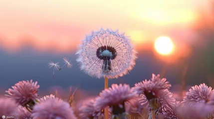  A single delicate dandelion seed floats against a backdrop of soft pastel sunrise  catching the first rays of light. © Riffat