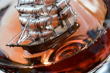 closeup of a small ship in dessert wine, with persons reflection visible