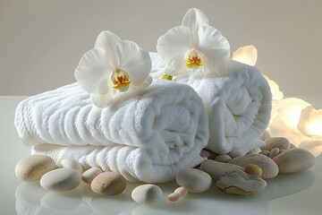 Spa still life with white towels and orchids on white background