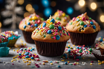Fototapeta na wymiar Capture the excitement of a festive celebration with a close-up shot of muffins adorned with colorful sprinkles, icing, and toppings. 