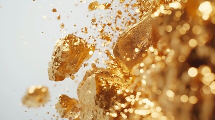 Glittering golden particles in dynamic motion against a bright background creating an opulent...