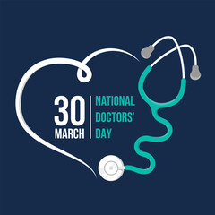 National doctors' day - Text in frame with white line heart and stethoscope on dark blue background vector design