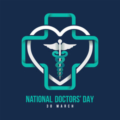 National doctors' day - Medical doctor symbol in white line heart cross green line cross plus sign on dark blue background vector design