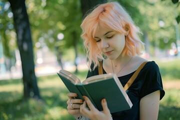 Fototapeta na wymiar woman with peach hair reading a book in the park