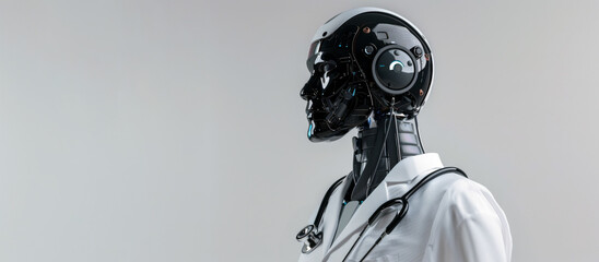 Black humanoid robot doctor with stethoscope on gray background with space for text. Concept of diagnosis by artificial intelligence.