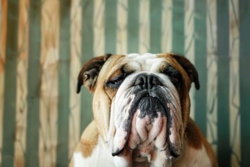 Obraz premium English bulldog on the background of vintage wallpaper. Bar, pub and beer hall concept.