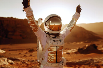 Astronaut joyfully raises his hands in the desert on mars. Concept of mars exploration.