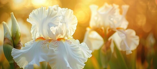 A close-up view of a white bearded iris flower with delicate petals and a vibrant yellow beard, standing out in a field on a bright summer day.
