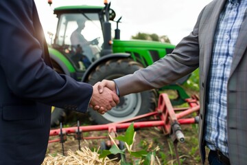 man in a suit shaking hands with a farmer by a tractor