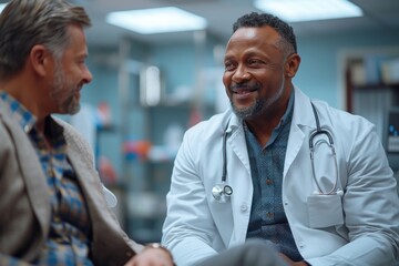Fototapeta premium Two male doctors in white coats are having a serious conversation in a modern office.