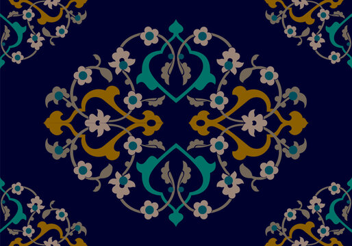 Vector illustration of traditional turkish tezhip floral ornament on dark background and beautiful tezhip.