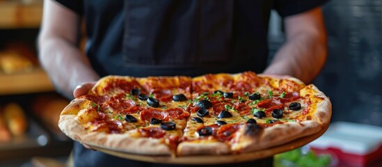 A male wearing black holds a pizza with olives in front.