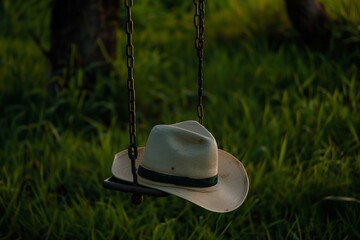 hat left behind on a swing over grass