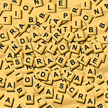 National Scrabble Day event banner. Scrabble word game that is arranged into words