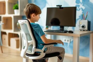 kid seated at an ergonomic chair with orthopedic back support - obrazy, fototapety, plakaty