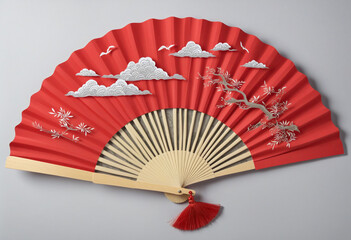 Red Chinese paper folding fan colorful background